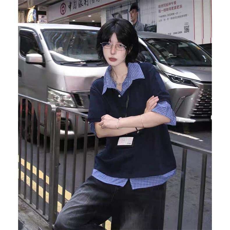 得物抖音高品质二开夏季美式潮牌高街假两件格子衬衣翻领短袖T恤,男装T恤,电商A486