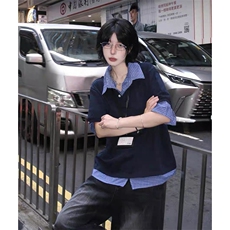 得物抖音高品质二开夏季美式潮牌高街假两件格子衬衣翻领短袖T恤，男装T恤，电商A486