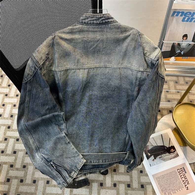 高街美式短款盔甲风设计感立领收腰腰带垫肩牛仔外套JK8962-P95，男装夹克，星座1109-3