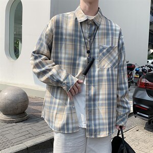 青少年港风文艺格子衬衫男长袖春秋季休闲复古衬衣外套 W1599-P30图片