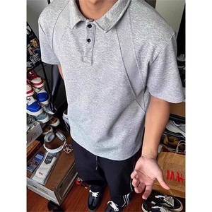灰色美式复古polo衫短袖男款夏季拼接有领t恤高级感痞帅重磅半袖图片
