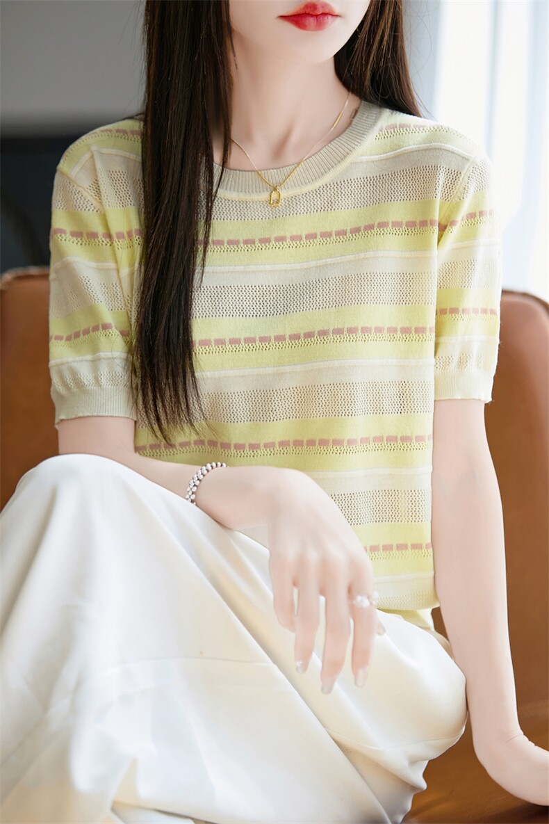 2025年夏季新款曲珠冰丝条纹短袖女T恤衫圆领撞色薄款内搭体恤衫,女装T恤,菲奥羊绒