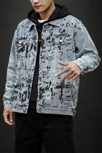 jk823-p90-限价128黑墙牛仔夹克肥仔秋款量足印花大码图片