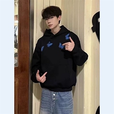 网络图现货美式重磅华棉潮流设计蝴蝶印花男女连帽卫衣WY396-P48，男装卫衣，星座715-7