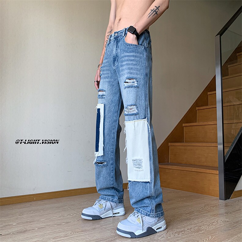 B221美式ins高街小众个性拼接宽松破洞牛仔裤LK23099-P65控88,男装牛仔裤,电商B221