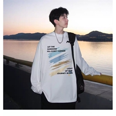藏青色圆领卫衣男款春秋季美式复古潮牌印花青少年纯棉长袖t恤衫，男装T恤，星座715-7