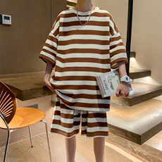 夏季新款青少年时尚百搭短袖短裤套装港风格子T恤男装TZ5909P55，男装休闲套装，电商A086