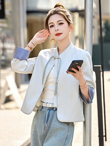 流苏盘扣新中式国风外套女2025春秋新款提花撞色拼接短款唐装上衣图片