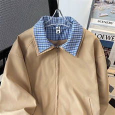 宽松百搭拼接格纹翻领假两件夹克外套5211P62，男装夹克，星座410-2