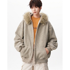毛领条纹连帽卫衣女秋冬新款宽松慵懒开衫外套WA264，女装短外套，星座1116A（原606A-3）