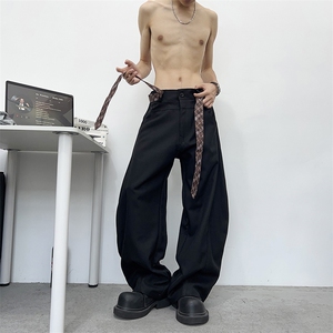 秋裤男休闲弯刀裤西裤女小众设计感格子腰带阔腿长裤K332 P50图片