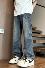 hiphop深蓝色牛仔裤腰带男潮牌vintage美式vibe微喇工装阔腿裤子，男装牛仔裤，电商A022
