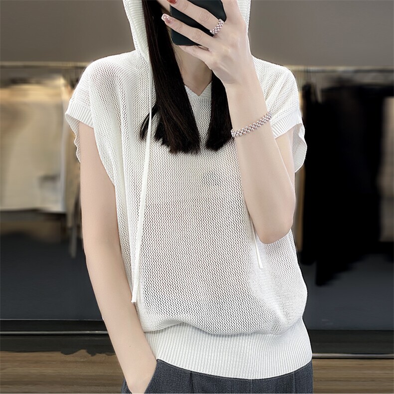 夏季新款精细羊毛连帽T恤女宽松镂空抽绳短袖百搭针织半袖打底衫,女装T恤,忠诺羊绒