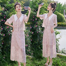 大码女装胖mm小香风盘扣蕾丝绣花连衣裙夏季假两件显瘦茶歇裙，女装套装/套裙，慕依路