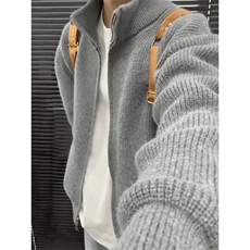 重磅秋冬北极绒双拉链毛衣开衫美式复古休闲慵懒风宽松针织衫外套，男装针织衫/毛衣，电商A486