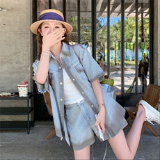 渐变色牛仔衬衫短裤套装女夏季2025新款小个子两件套韩系慵懒chic，女装套装/套裙，2C159