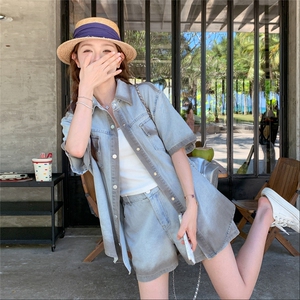 渐变色牛仔衬衫短裤套装女夏季2025新款小个子两件套韩系慵懒chic图片