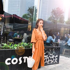 （可现）档口现货，跑量款棉麻开叉V领连衣裙8306-859图片