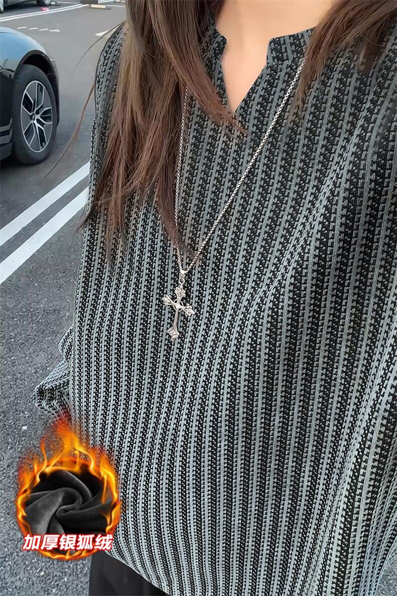 雪尼尔450g重磅鱼骨纹V领加厚银狐绒T恤男T24536J加绒-特P30控58,男装T恤,电商A001