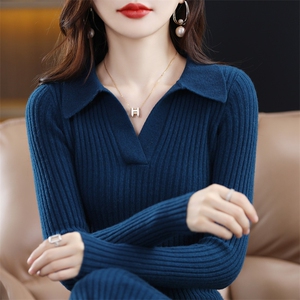 羊毛裙女Polo领连衣裙秋冬新款羊绒打底宽松针织衫中长款毛衣裙图片