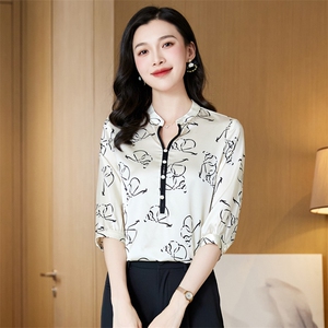 高级感印花真丝衬衫女桑蚕丝2025夏新款衬衣短袖大码气质妈妈上衣图片