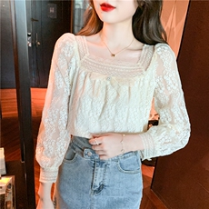 春季新款气质长袖超仙上衣甜美小衫方领蝴蝶结蕾丝衫，女装蕾丝衫/雪纺衫，美吧服饰