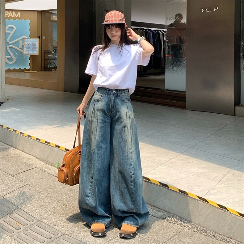 美式复古水洗高腰弯刀牛仔裤女新款设计感宽松显瘦阔腿裤拖地裤,男装牛仔裤,星座1210-1