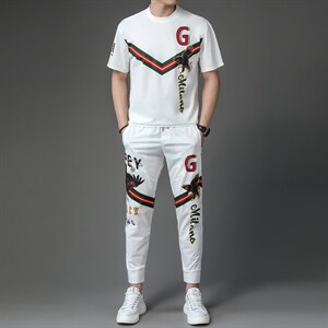 男士休闲百搭套装夏季2023新款圆领短袖t恤运动裤子两件套,男装休闲套装,电商B212（原钱塘6029）