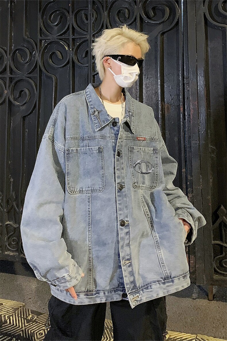 男装牛仔外套2026秋季几何绣标印花男生翻领夹克XZ514-2-N99-P88,男装工装外套,星座514-2(原B239)