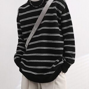 D2315-P55高级感简约百搭北极绒条纹毛衣男慵懒风宽松长袖针织衫图片