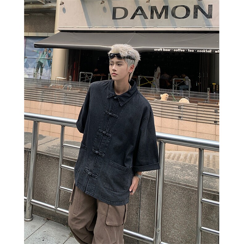 F344-P68夏季新中式潮牛仔外套男复古宽松水洗做旧衬衣现货,男装工装外套,星座512-6