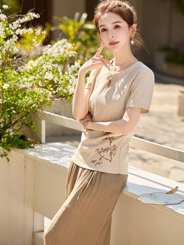 现货2025年夏季新款清凉中式简约套装,女装套装/套裙,多彩