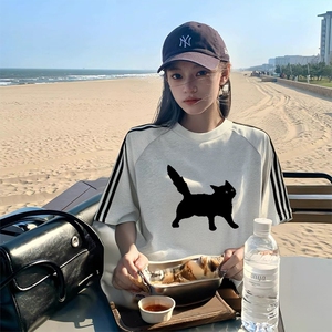 抖音得物品质二开240克宽松纯棉美式潮牌印花三条杠中性风短袖T恤,男装T恤,电商A486-1