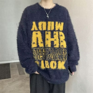 美式复古字母仿貂毛慵懒毛衣男女同款休闲宽松情侣针织衫 M6526图片