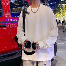 衬衫纽扣袖长袖t恤男士上衣设计感宽松圆领纯色港风日系T恤衫T95，男装T恤，星座1116A-1（原606A）