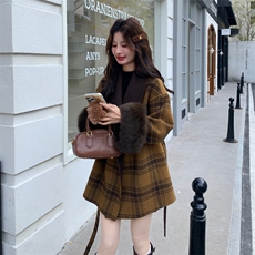 现货新款双面羊绒大衣带袖毛格子配腰带时尚洋气，女装羊绒大衣，网红馆