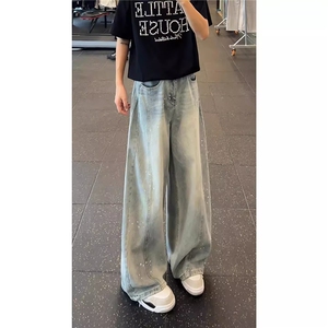 时尚烫钻阔腿牛仔裤女2025新款春夏高级感个性高腰宽松窄版直筒裤,小腿胖的女生穿搭分享图片