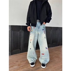 复古刺绣阔腿牛仔裤2025秋季新款大码女装梨宽松拖地裤RK3170-P55，男装牛仔裤，星座412-3