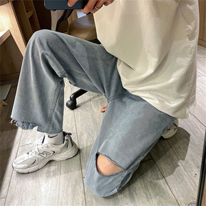 夏季新款垂感破洞牛仔裤直筒宽松阔腿裤潮ins裤子chic K967-P38图片