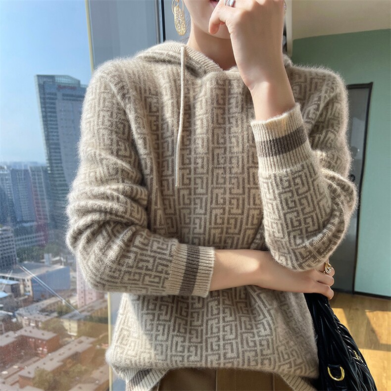 秋冬新款连帽100纯山羊绒衫女高端提花加厚带帽宽松毛衣打底卫衣,女装羊毛衫,魅途羊绒