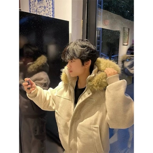 麻灰色座山雕毛领棉服外套男女款冬季毛呢加厚防风情侣装连帽棉衣图片