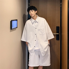 特P55控98-华夫格休闲运动套装男夏季开衫短裤两件套XTZ223，男装休闲套装，电商B370