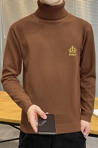 秋冬可翻高领毛衣男皇冠纯色长袖男刺绣毛衫打底针织衫棕M253P33图片