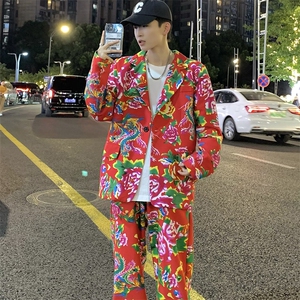 XF01男秋港风文艺休闲大码西服套装西装东北大花民族风特色新中式图片