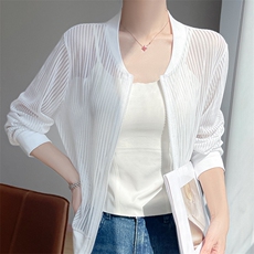 休闲轻薄网纱棒球服防晒衣女开衫镂空薄款透气长袖洋气防晒服外套，女装防晒衣，圣丽羊绒