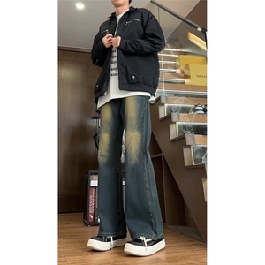 美式牛仔裤男款痞帅高街vibe裤子高腰直筒宽松微喇长裤NZ511图片