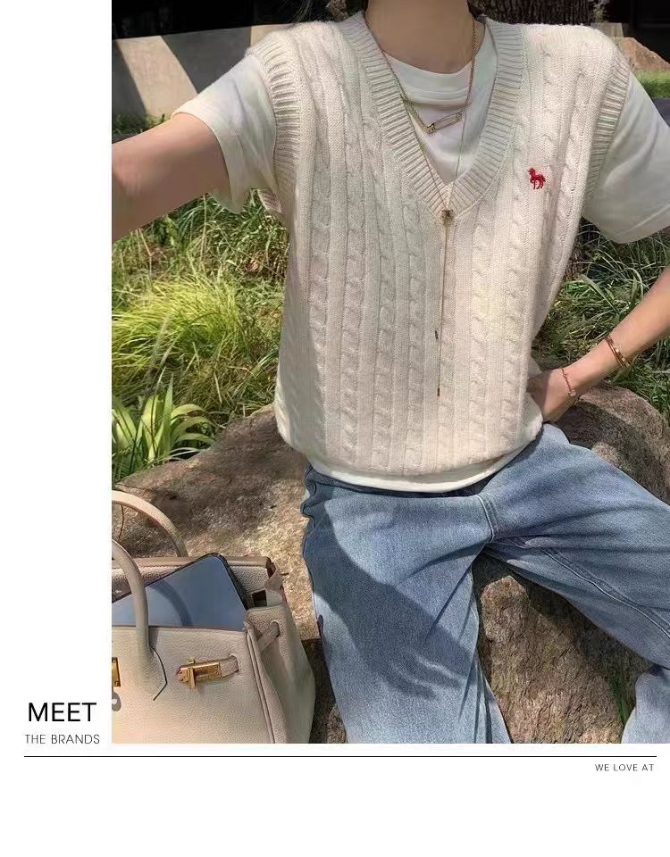 女士小马刺绣V领扭花马甲2025年秋季,针织衫/毛衣,浩新羊绒