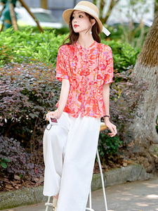 时尚休闲棉麻套装女2025夏新款复古印花褶皱收腰衬衫阔腿裤两件套图片