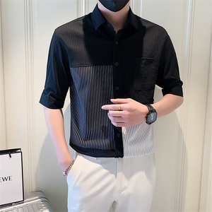 2025新款夏季短袖衬衫男潮牌发型师男装条纹衬衣A313-1-W520-P58图片