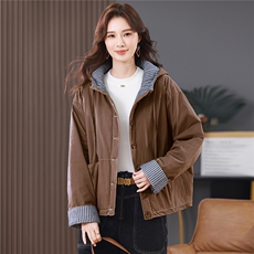 2025年冬季新款条纹拼接连帽棉服加厚保暖外套，女装棉衣/棉服，忆绮罗
